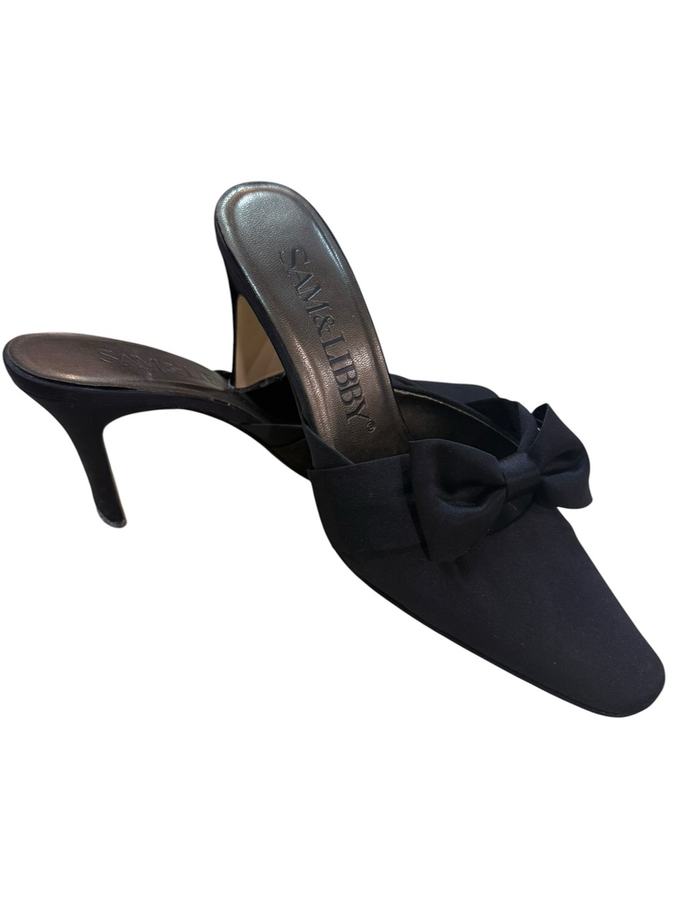 Vintage Sam &Libby Satin Bow Slender kitten stiletto black Size 8m